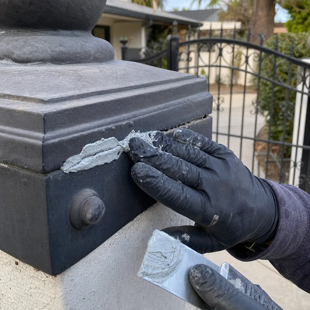 Professional technician applying sealant to repair an outdoor gate post