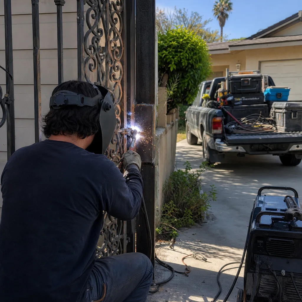 Professional welder performing residential gate repair on a metal fence.