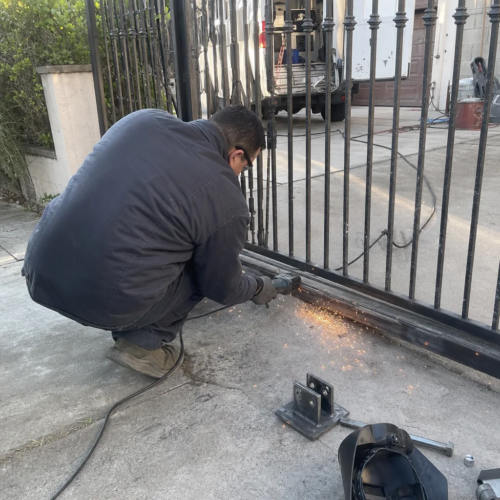 Technician using an angle grinder for metal gate repair services